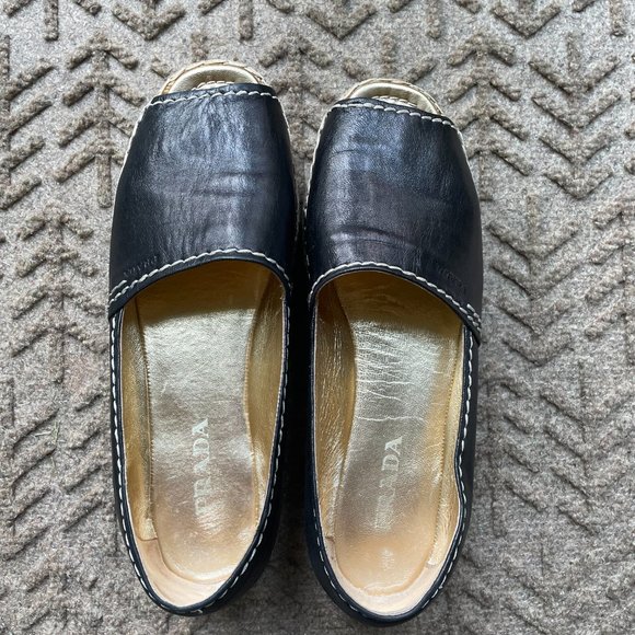 Prada Peep Toe Black Leather Espadrilles Size 8.5 /Euro Size 39 - Picture 3 of 11